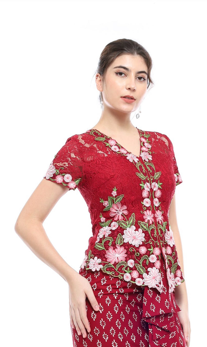 Top Kebaya Ambalika Maroon Flower