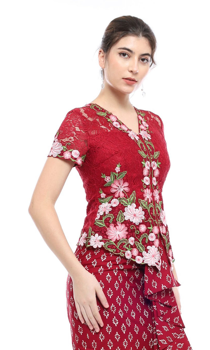 Top Kebaya Ambalika Maroon Flower