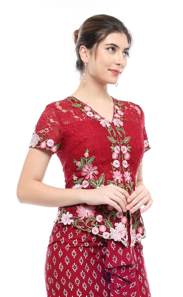 Top Kebaya Ambalika Maroon Flower