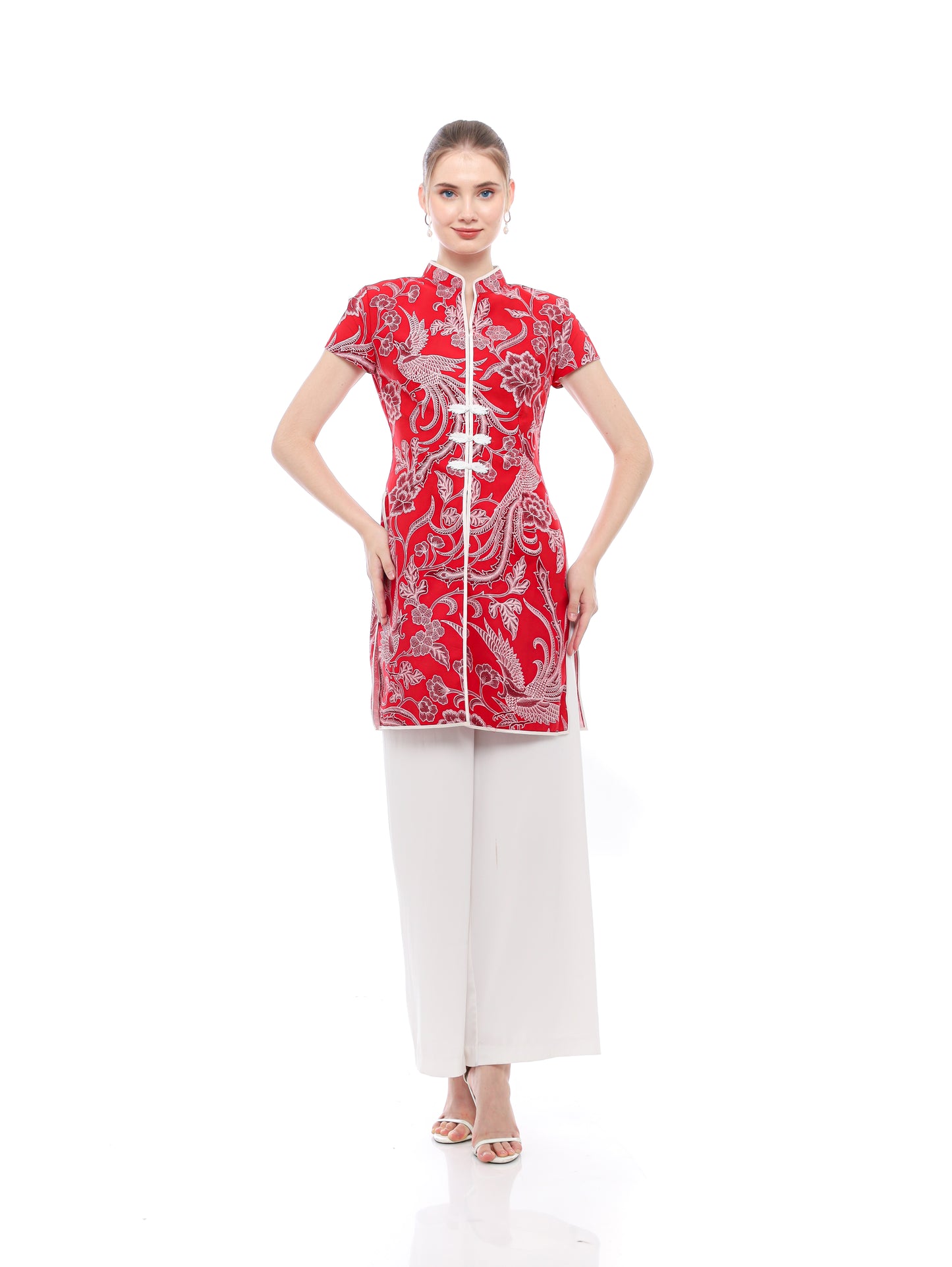 Top CNY Red Cheongsham White Flower