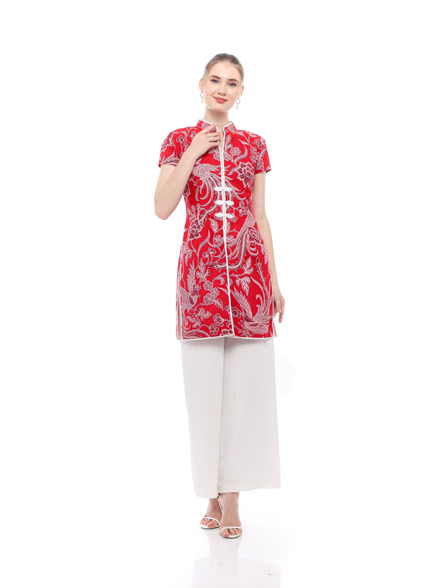 Top CNY Red Cheongsham White Flower