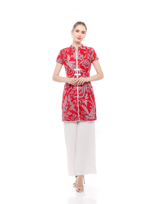 Top CNY Red Cheongsham White Flower