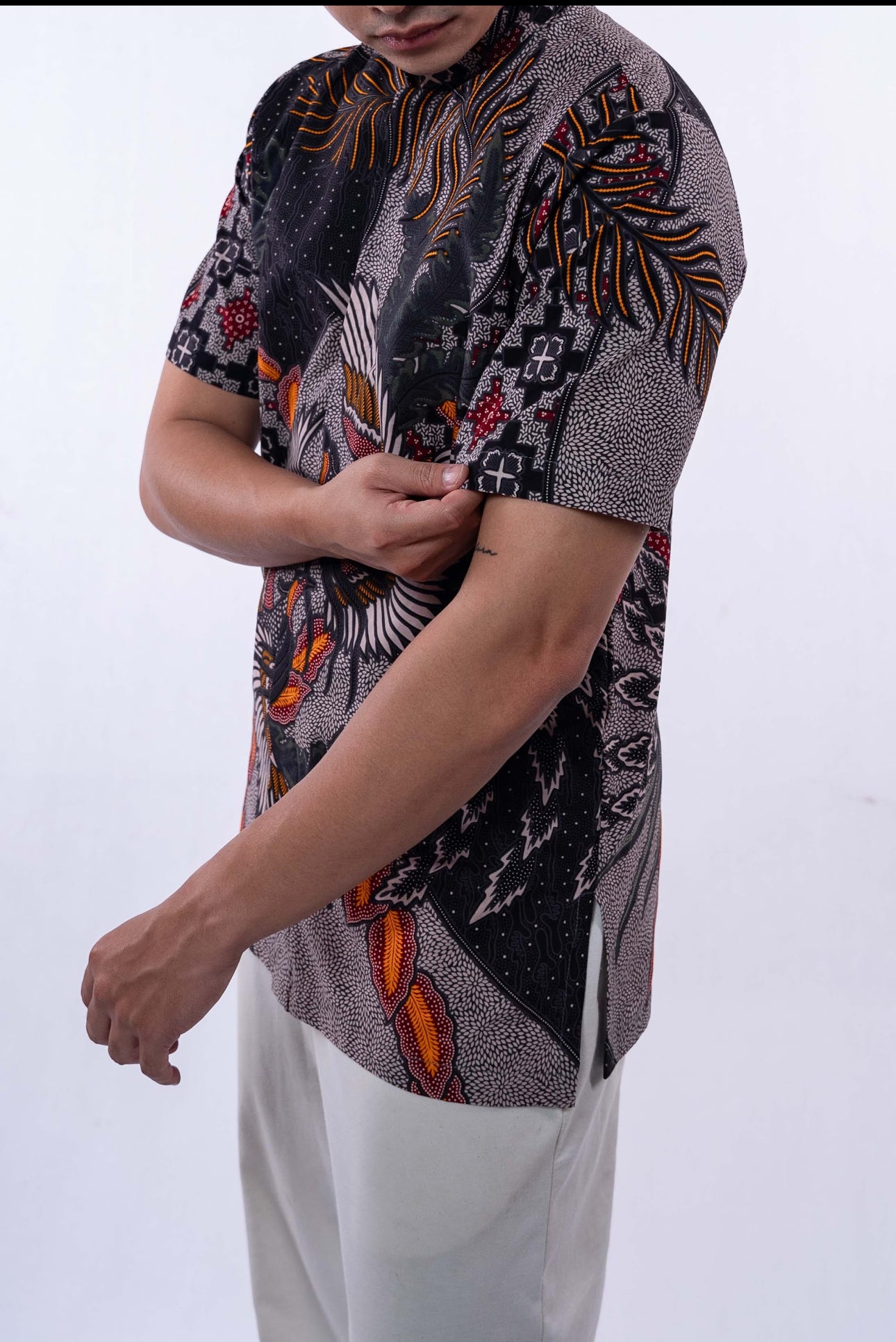 Men Shirt Cheongsam Black Two Bird