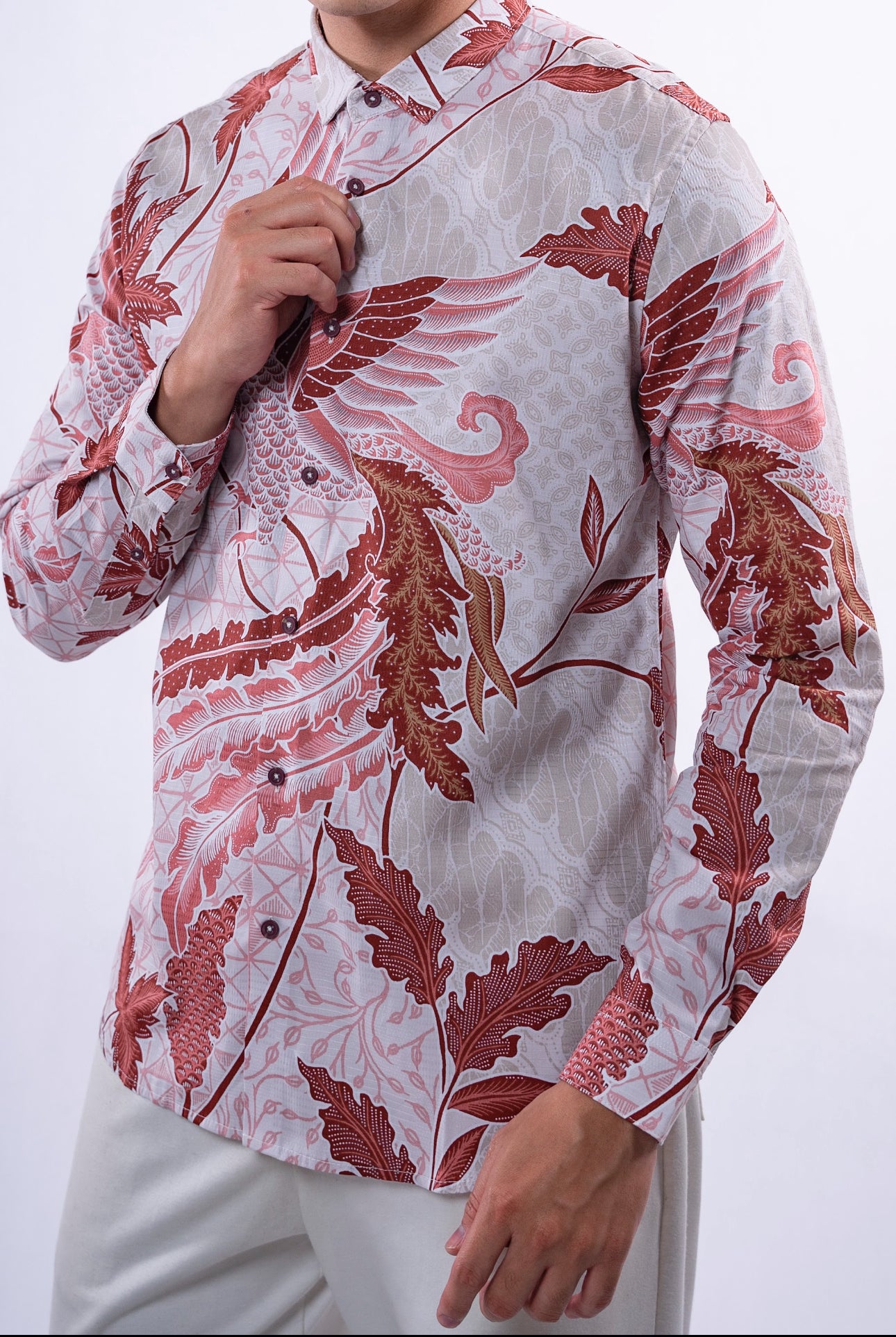 Men Shirt Long Sleeve Cream Brown Bird