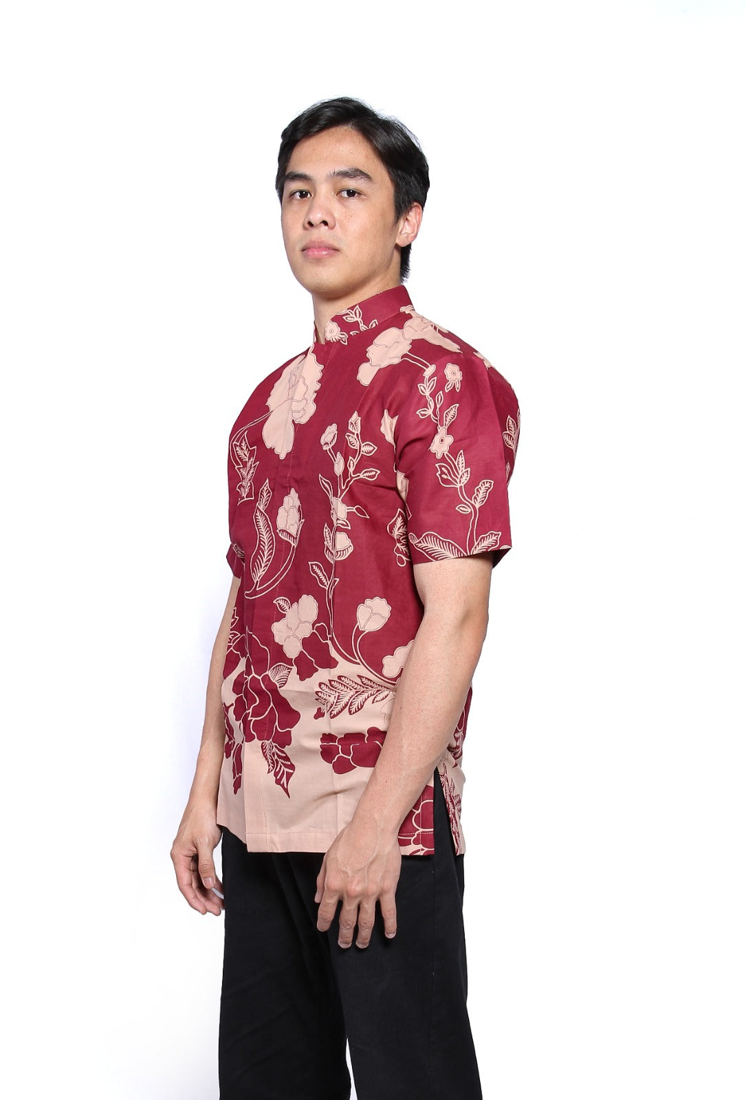 Men Shirt CNY Floral Maroon Cheongsam