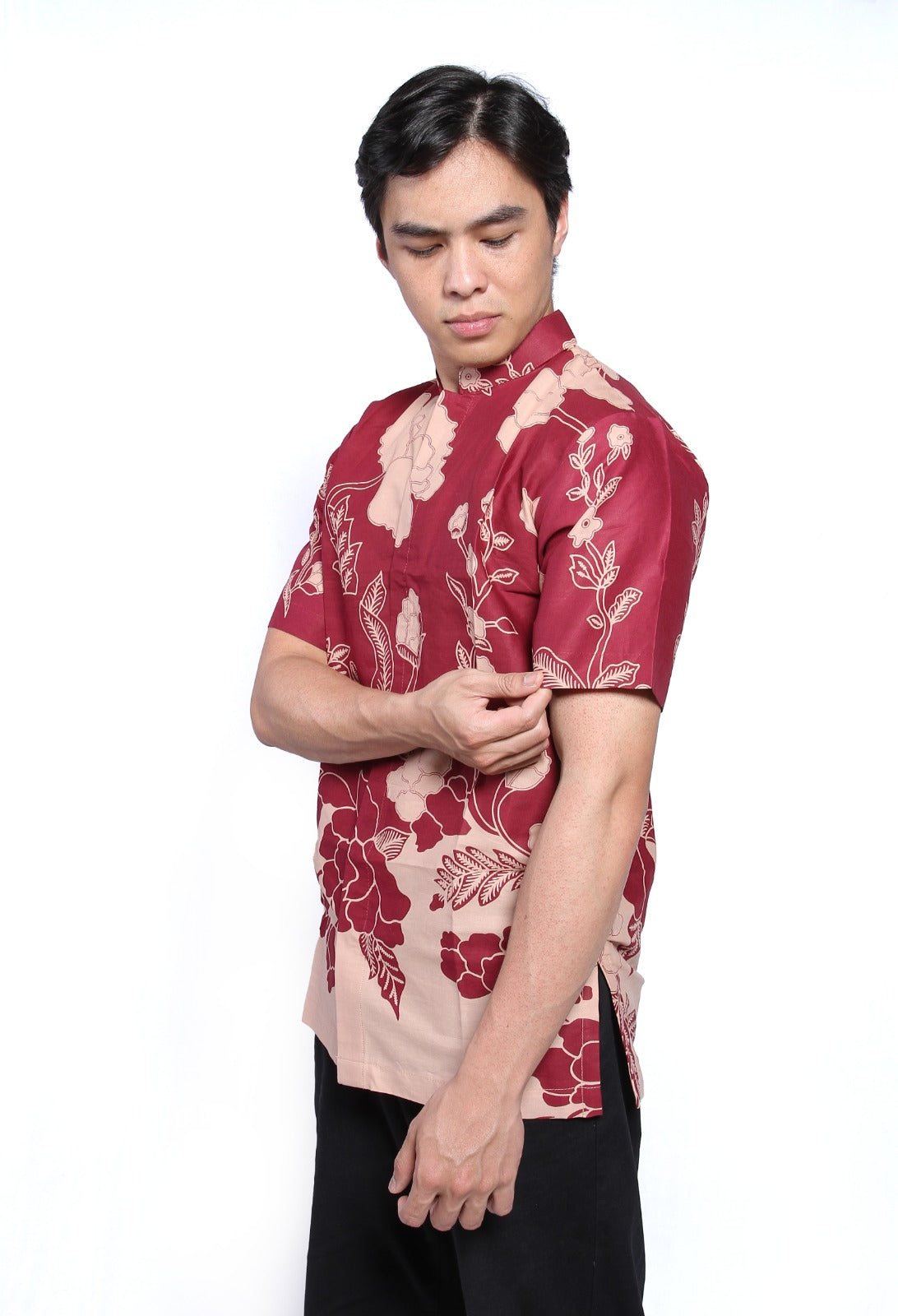 Men Shirt CNY Floral Maroon Cheongsam