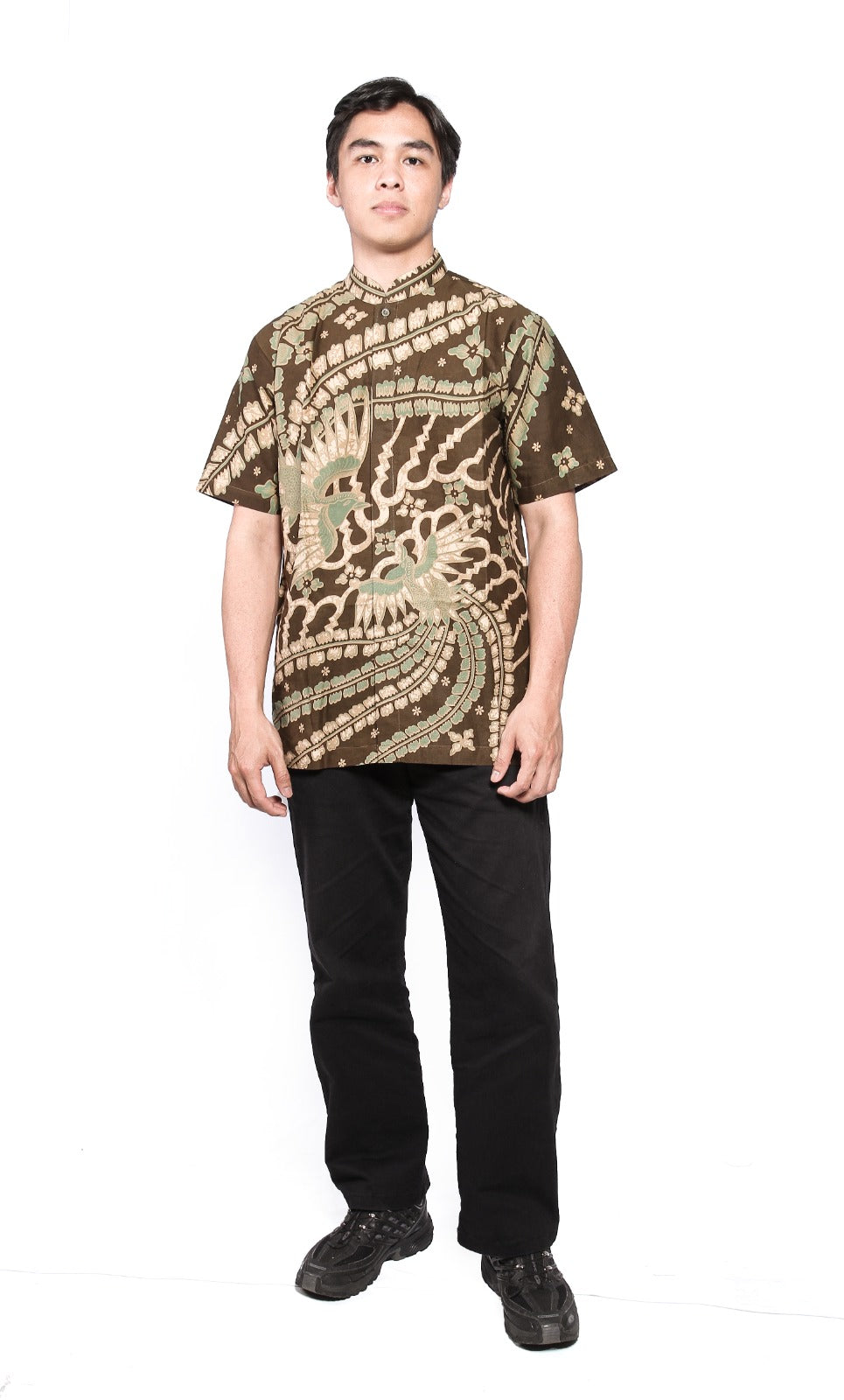 Men Shirt Green Brown Short Sleeve