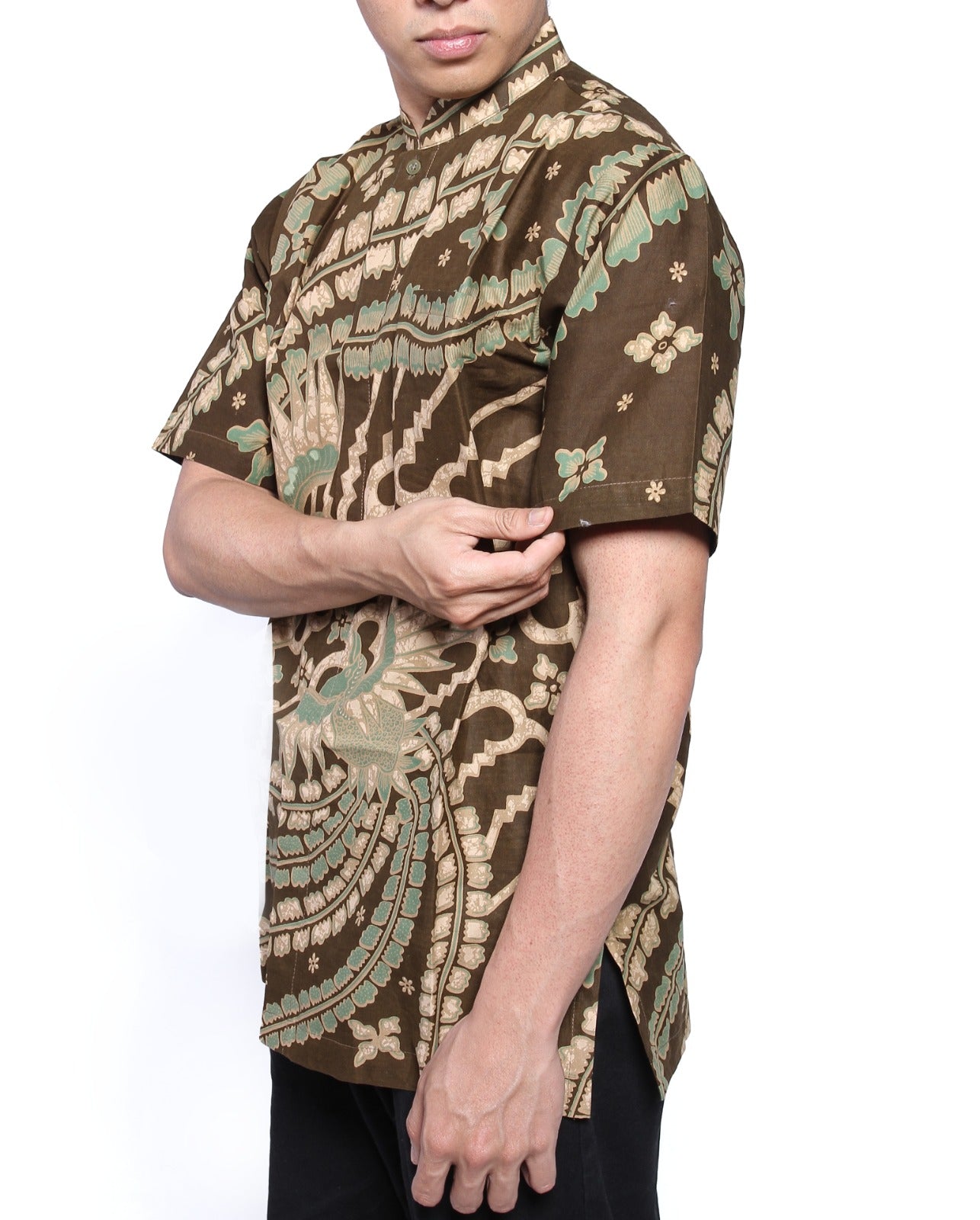 Men Shirt Green Brown Short Sleeve
