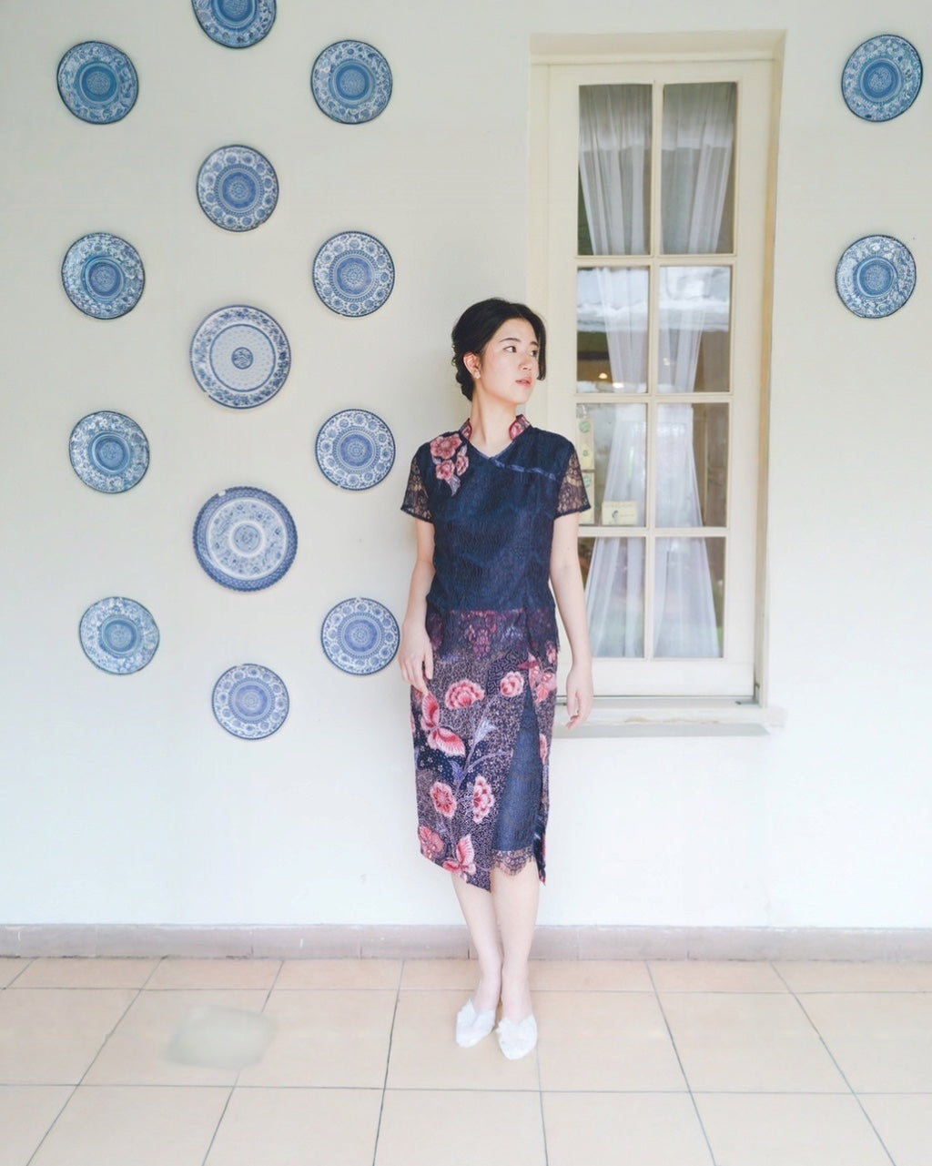 Dress CNY Navy Blue Floral Style
