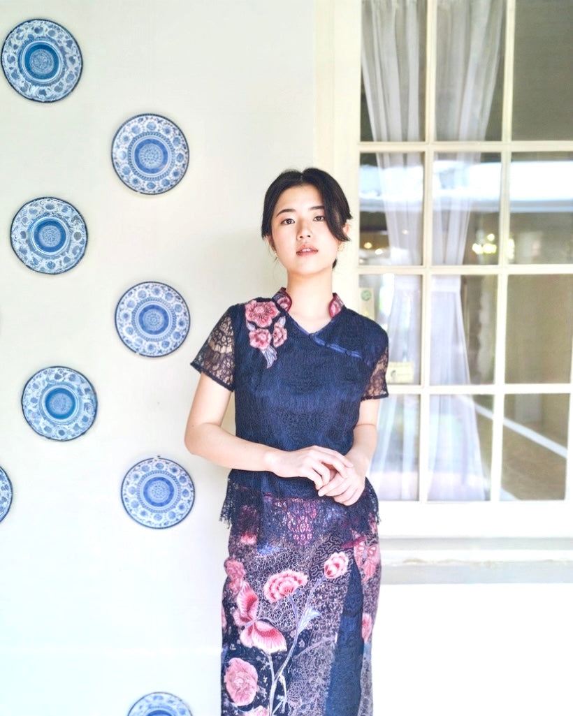 Dress CNY Navy Blue Floral Style
