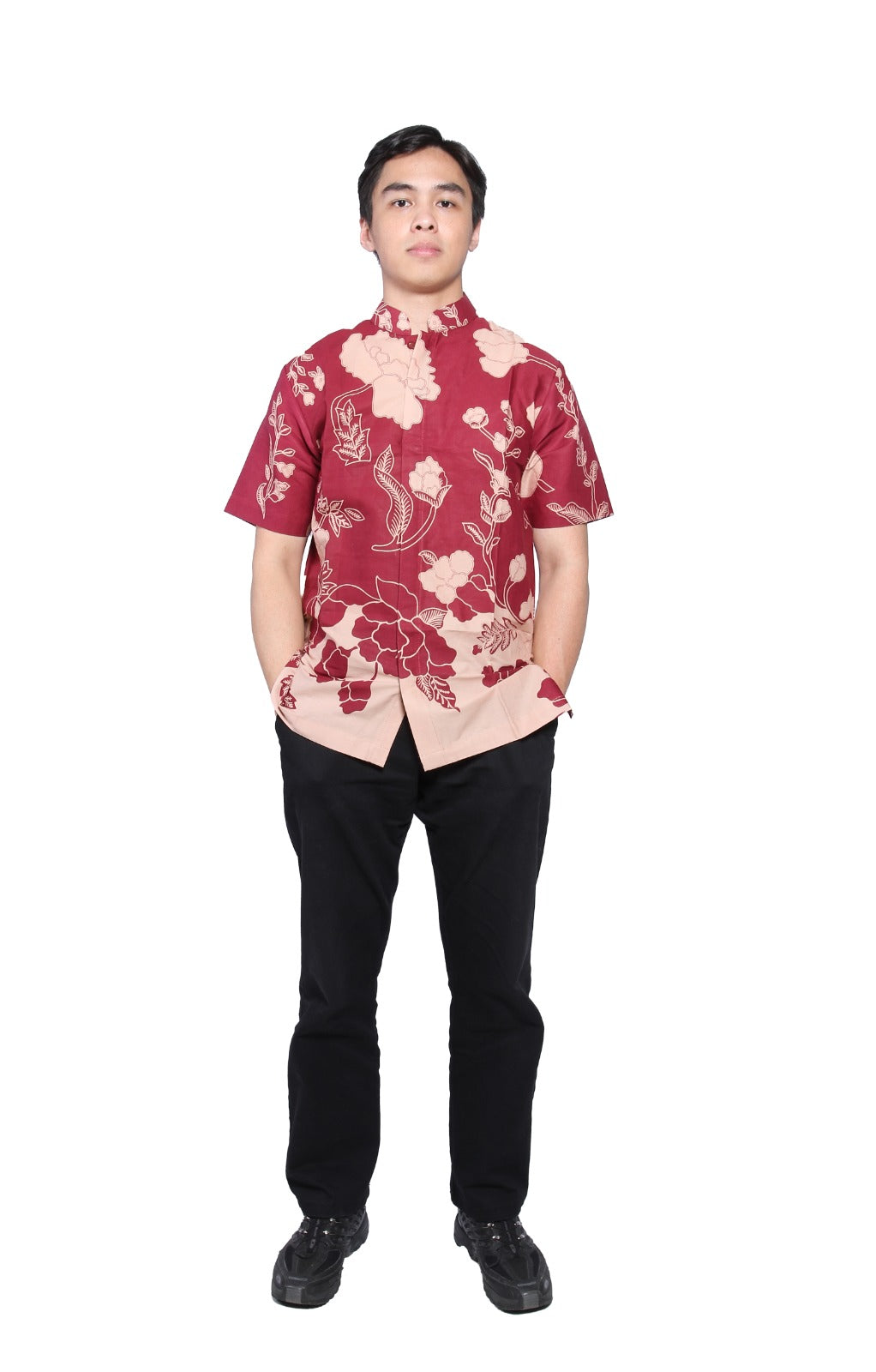 Men Shirt CNY Floral Maroon Cheongsam