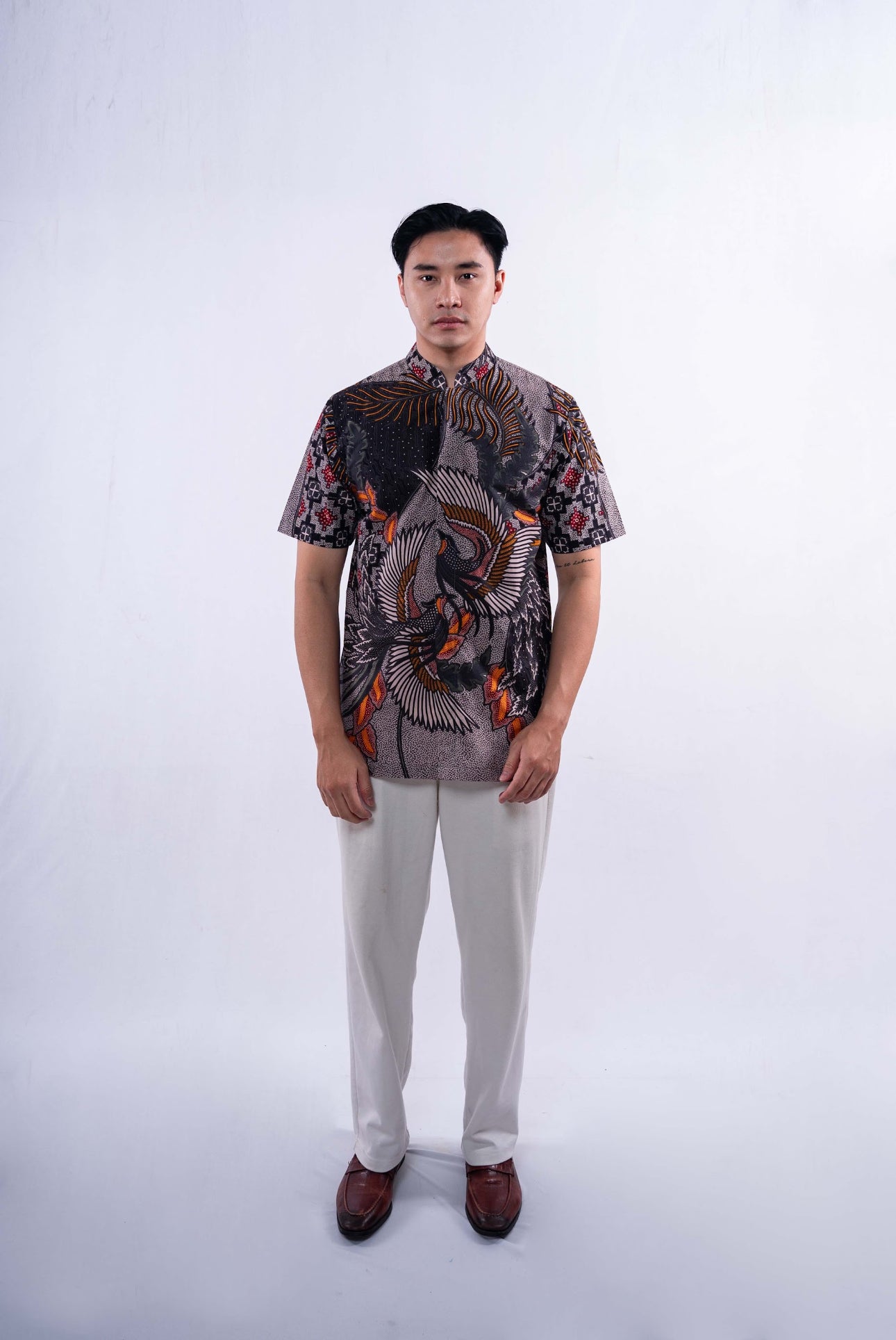 Men Shirt Cheongsam Black Two Bird