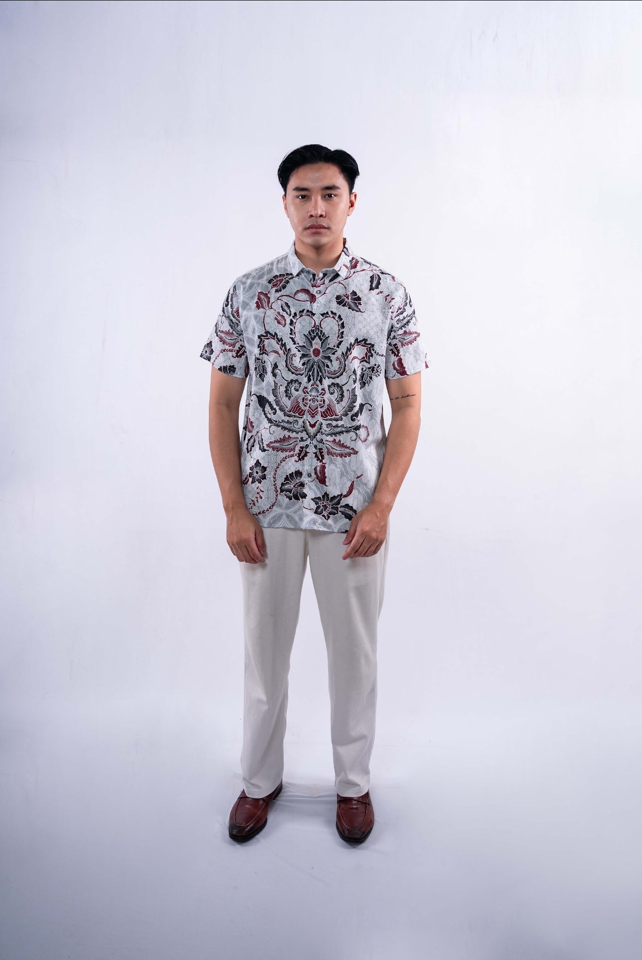 Men Shirt White Flower Black Maroon
