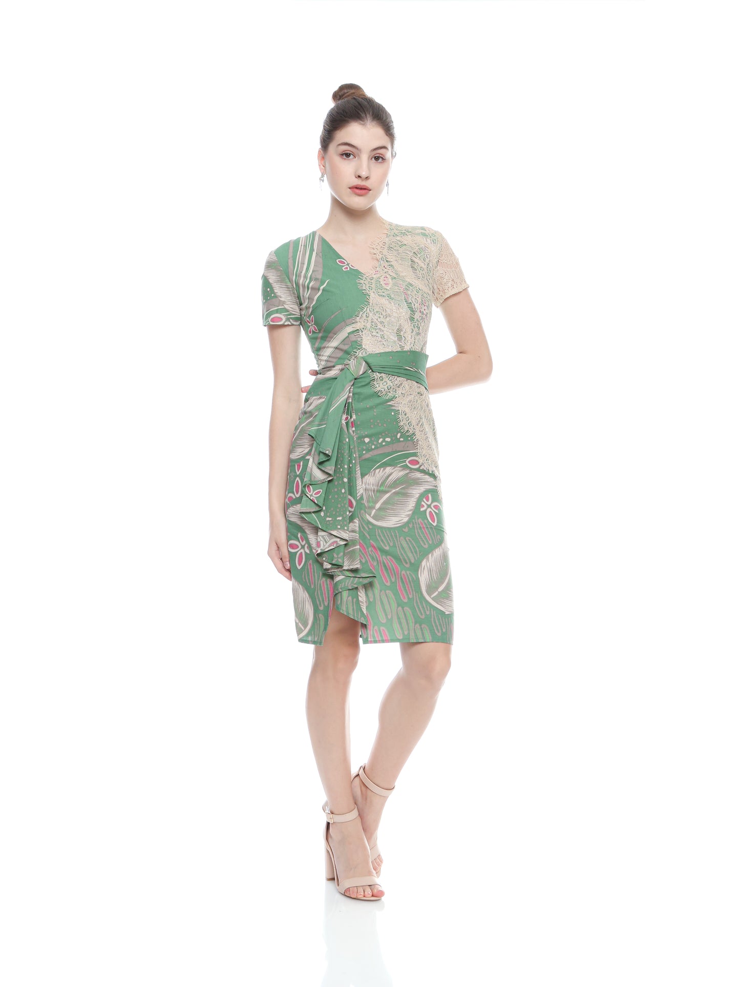 Dress Cheongsam Green Lace V neck