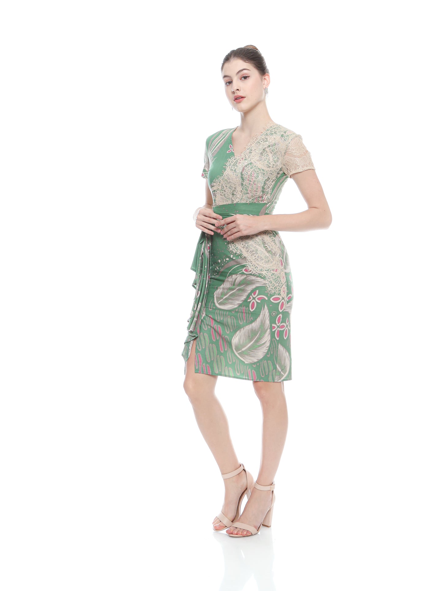 Dress Cheongsam Green Lace V neck