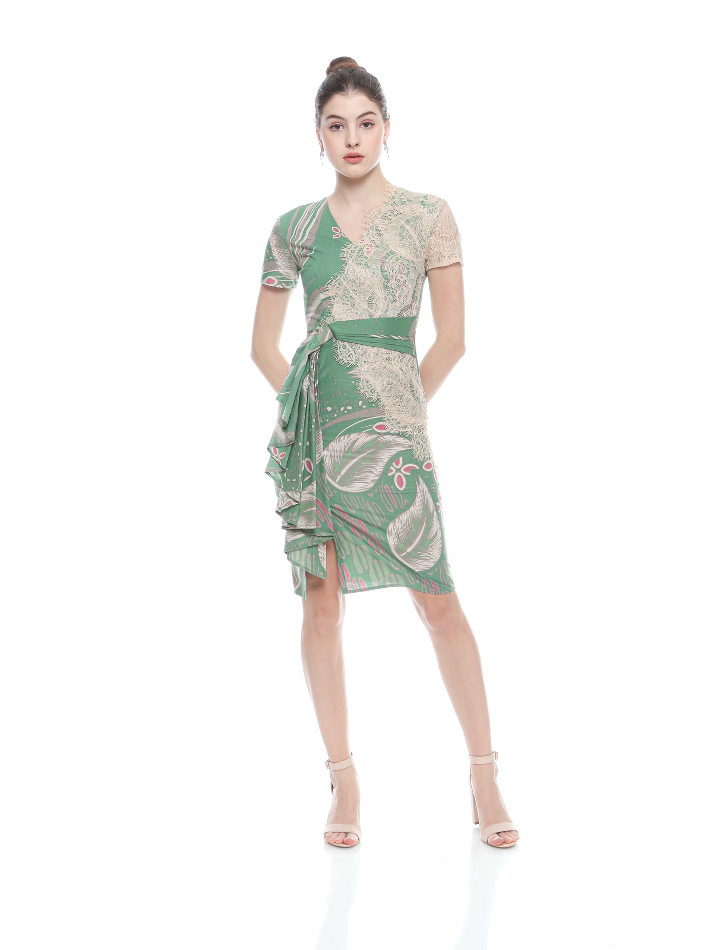 Dress Cheongsam Green Lace V neck