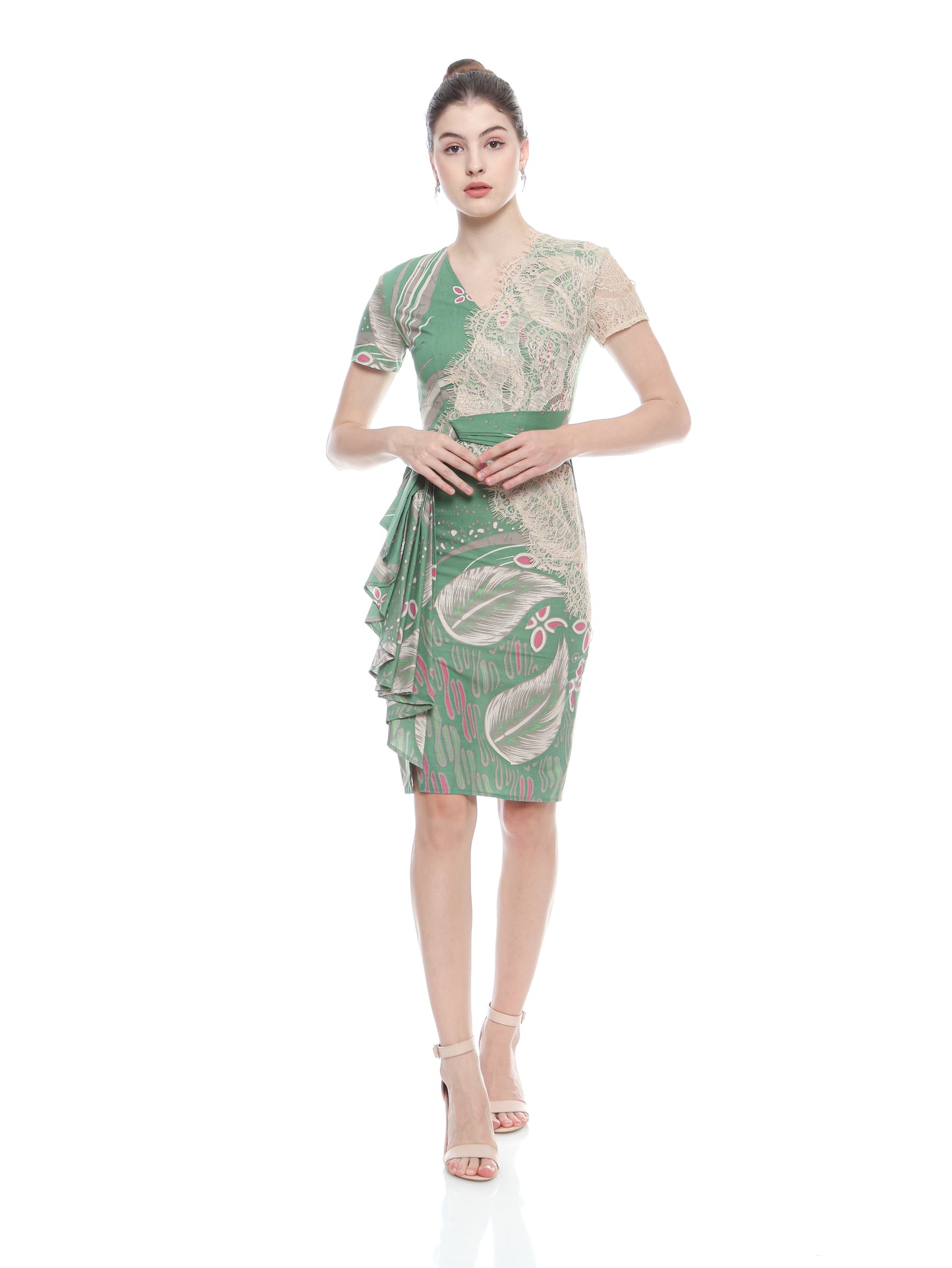 Dress Cheongsam Green Lace V neck