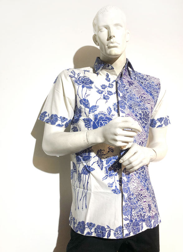 Men White Blue Encim Batik Shirt
