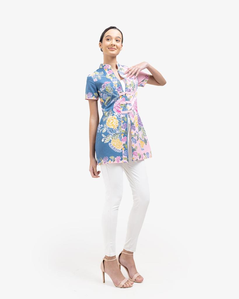 Top Cheongsam Blue Pink Short Sleeve