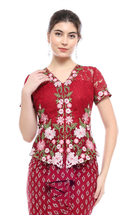 Top Kebaya Ambalika Maroon Flower