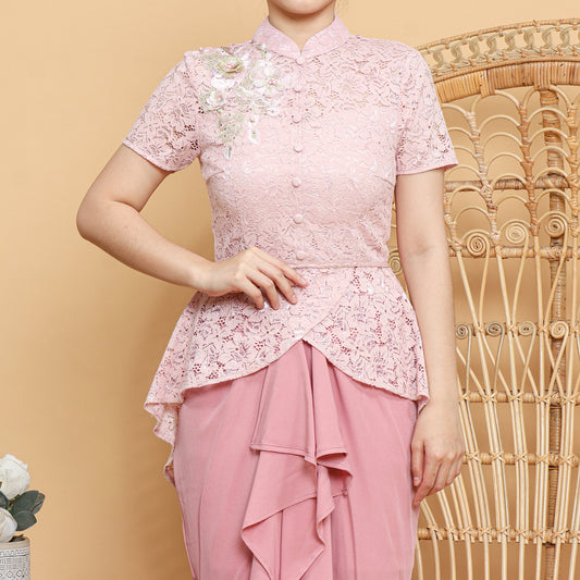 Set Ciongsham Pink Lace Flower Embroidery