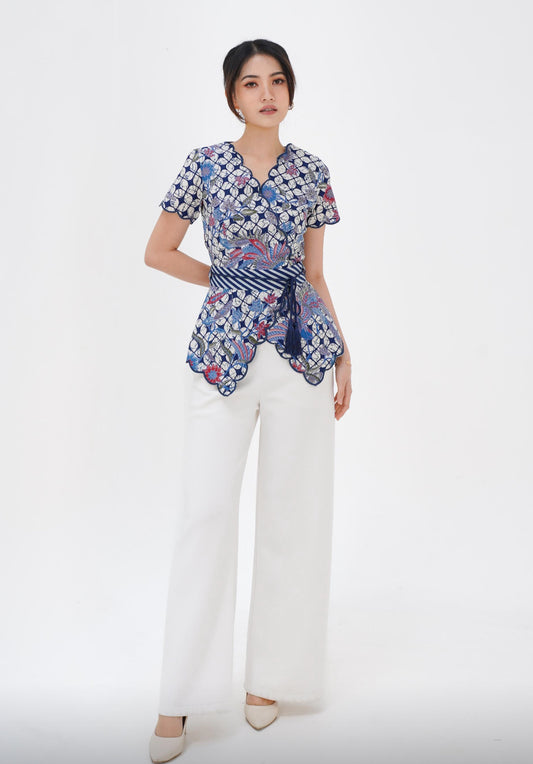 Top Kimono Blue Flower with Belt