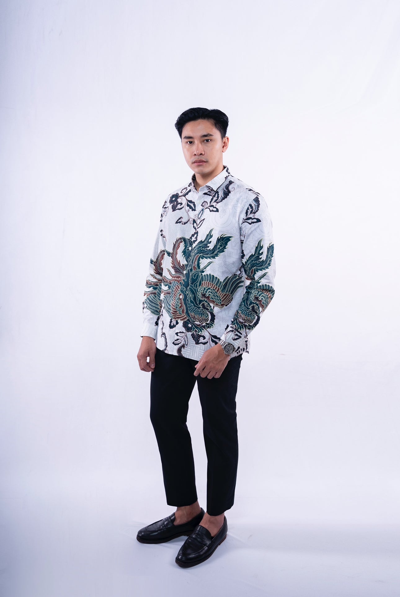 Men Shirt CNY Long Sleeve White Dragon