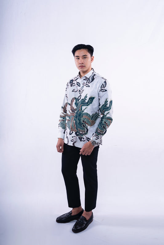 Men Shirt CNY Long Sleeve White Dragon