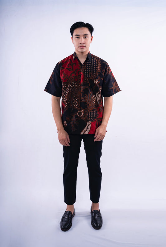 Men Shirt Black Maroon Two Bird