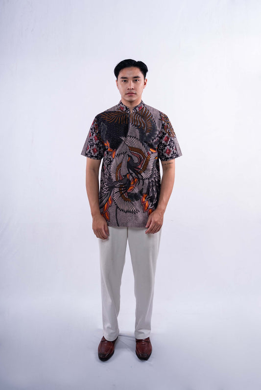 Men Shirt Cheongsam Black Two Bird