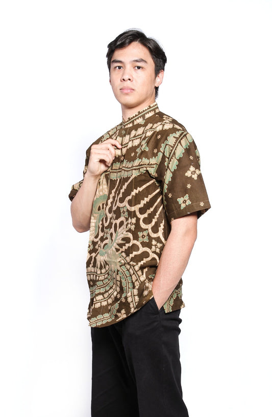 Men Shirt Green Brown Short Sleeve