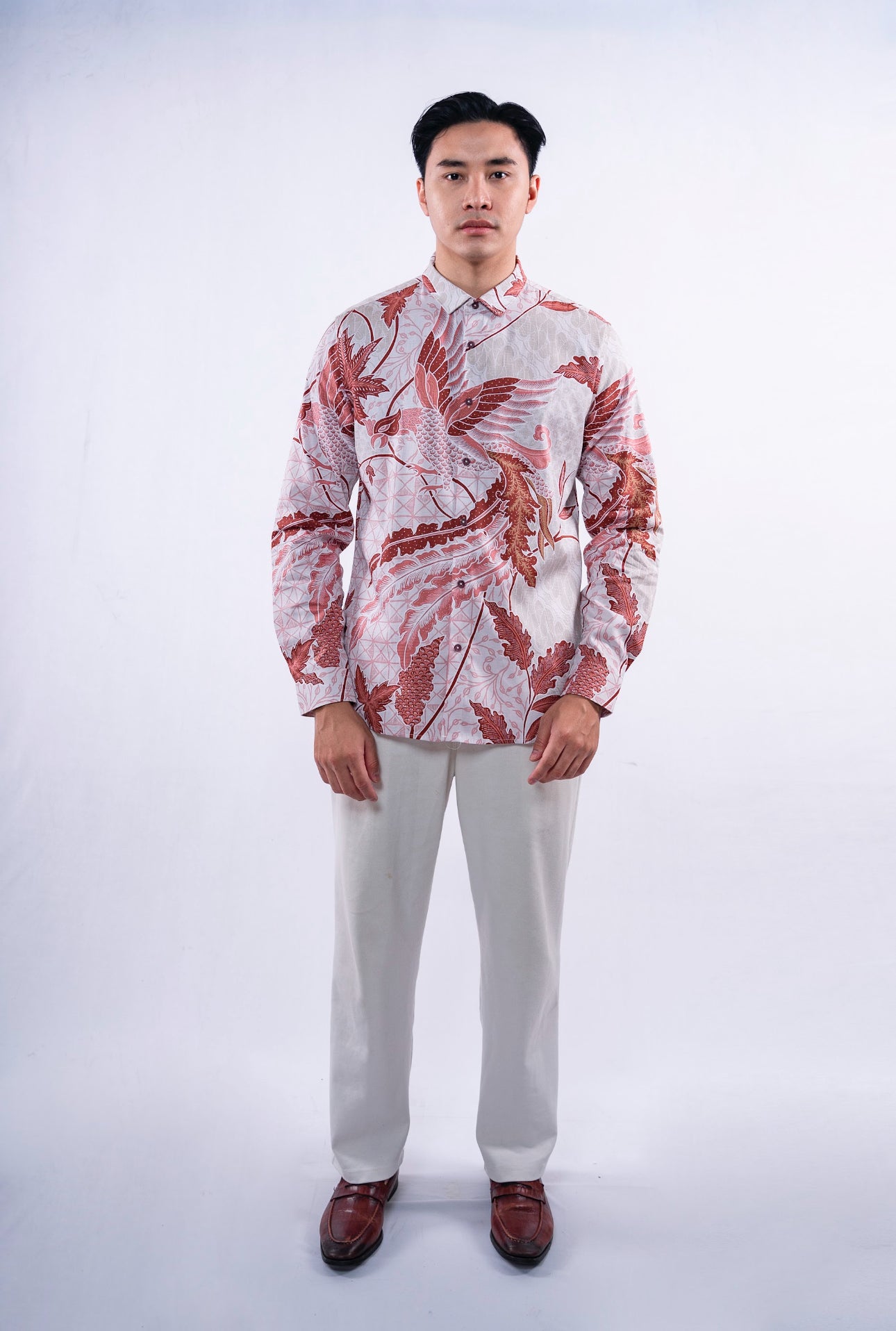 Men Shirt Long Sleeve Cream Brown Bird