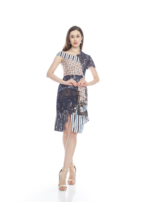 Dress Cream Dark Blue Lace