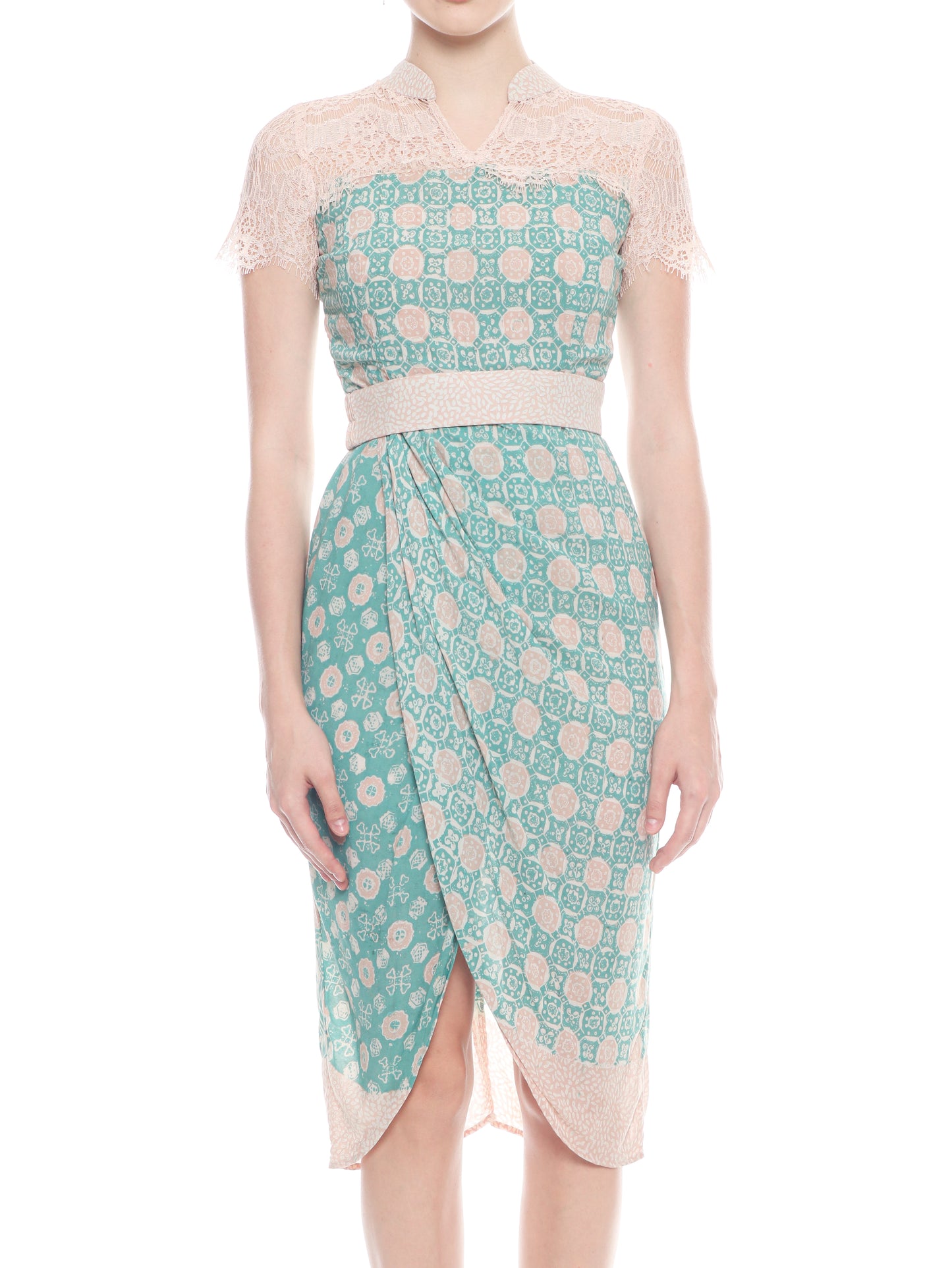 Dress Cheongsam Green Lace Cream