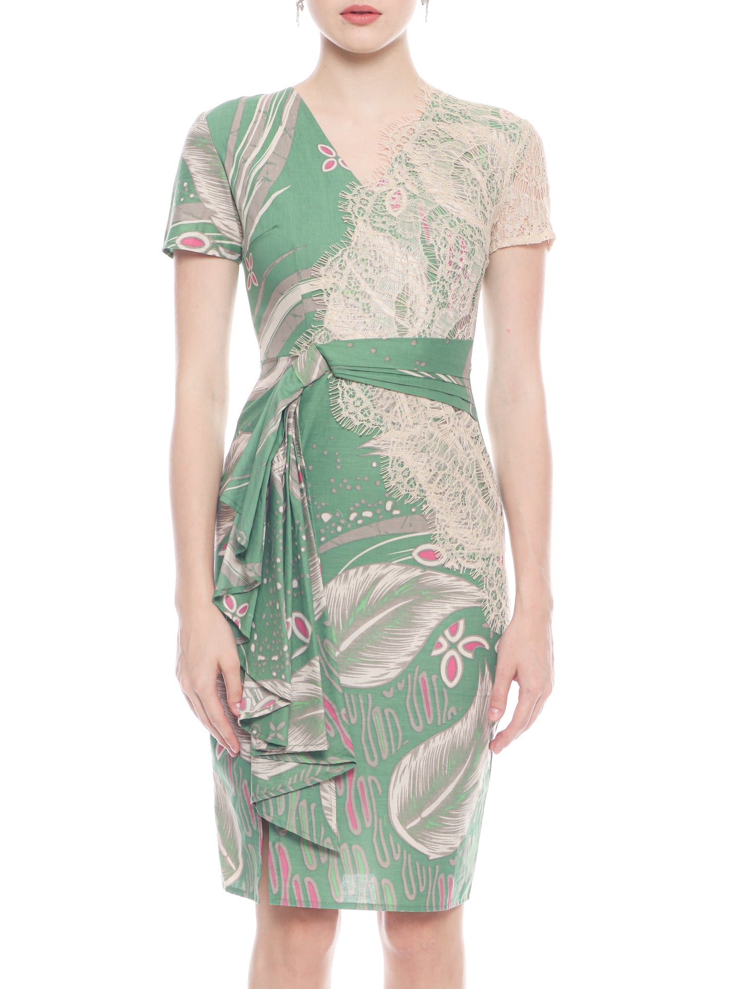 Dress Cheongsam Green Lace V neck