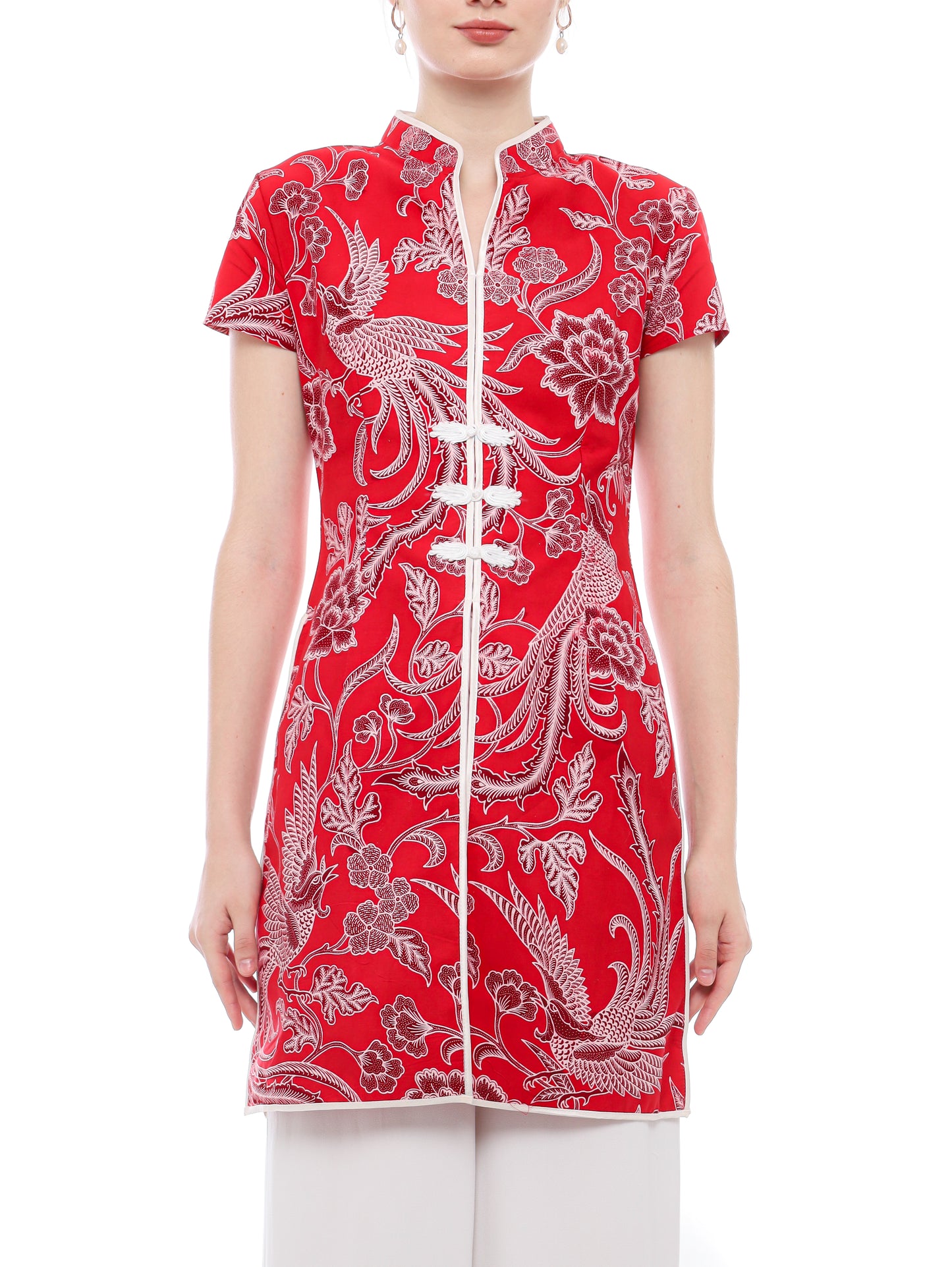 Top CNY Red Cheongsham White Flower