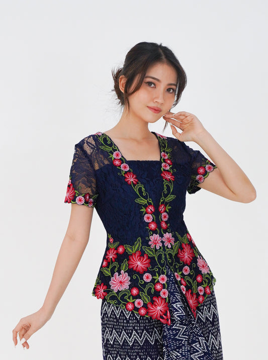 Top Blue Kebaya Bunga Rampai