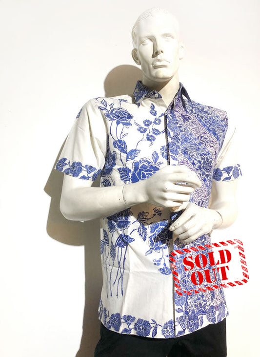 Men White Blue Encim Batik Shirt