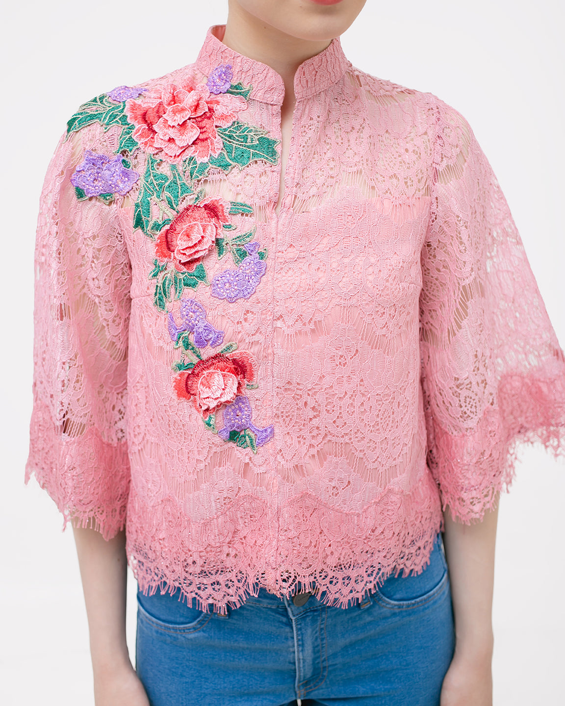 Top Pink Lace Flower CNY Embroidery