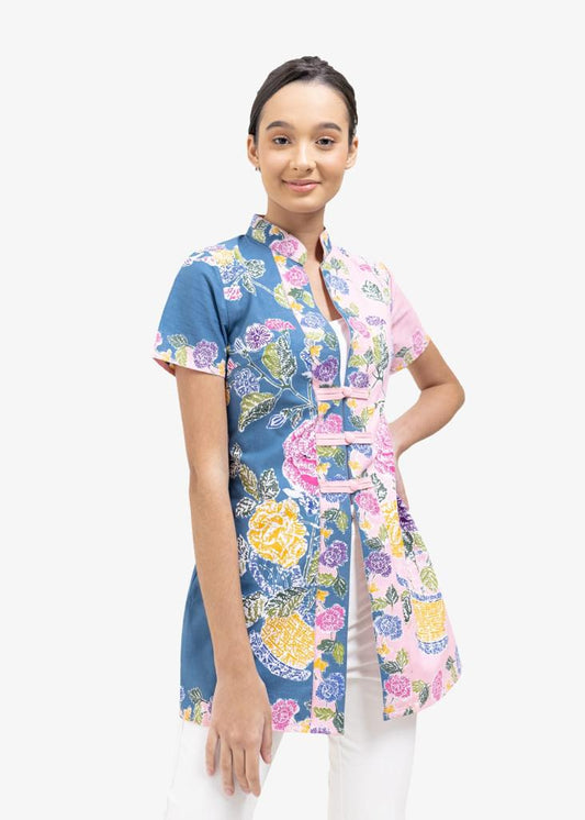 Top Cheongsam Blue Pink Short Sleeve